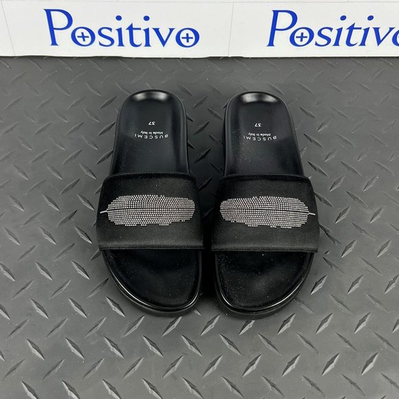 Buscemi Womens Slide Satin Black Leather Sandals US 7 EU 37 - Picture 2 of 5